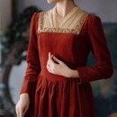 拾光裁缝 方领复古宫廷精致优雅气质灯芯绒红色连衣裙 波琳小姐