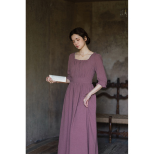 田园优雅气质中袖 方领法式 紫色显瘦连衣裙 远离尘嚣 拾光裁缝