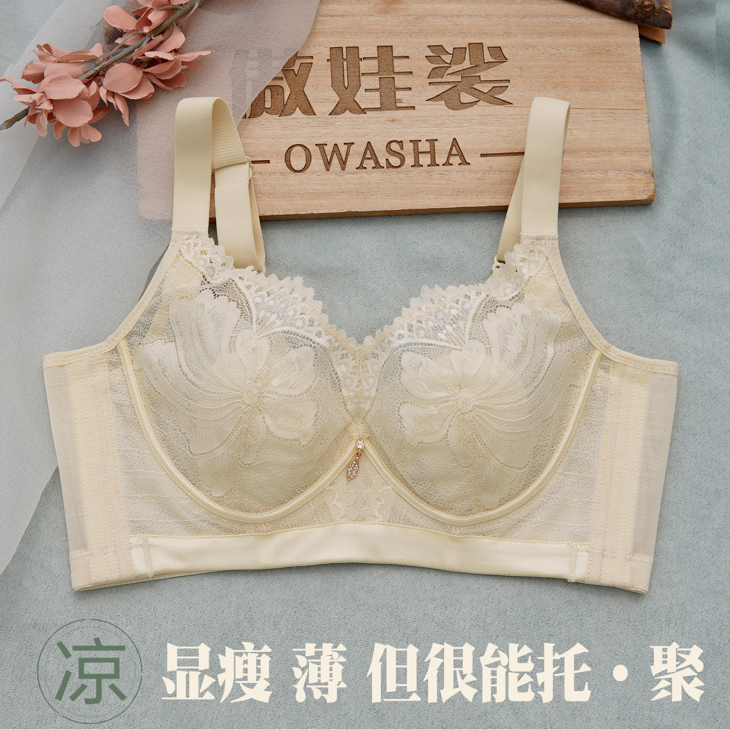 聚拢收副乳上托防下垂大胸显小超薄兔耳朵防凸点调整型蕾丝内衣夏