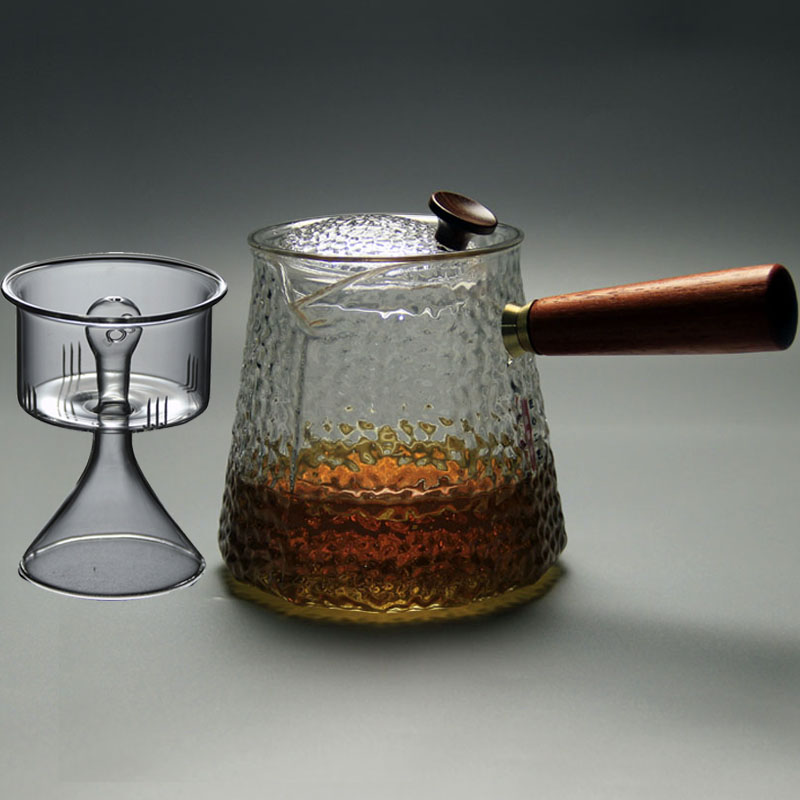 日式锤纹耐高温玻璃壶侧木把煮茶器蒸煮两用壶电陶炉大容量蒸茶壶