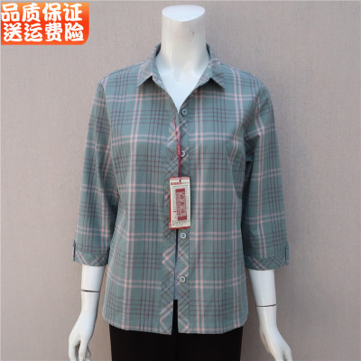 中年女纯棉夏格子衬衣妈妈装