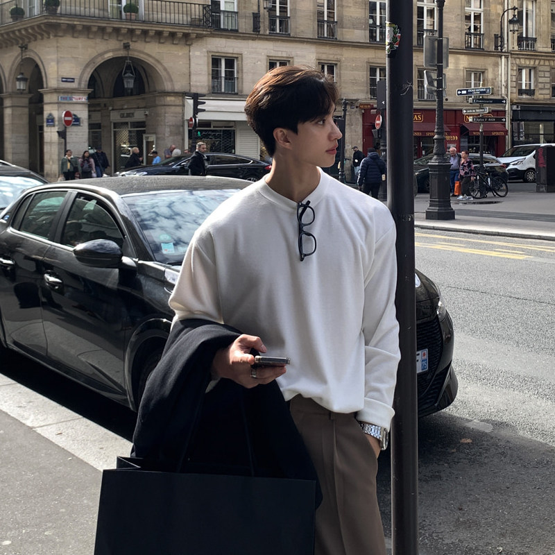 碧舍圆领长袖打底衫男休闲韩版百搭加绒T恤宽松套头简约秋冬内衣