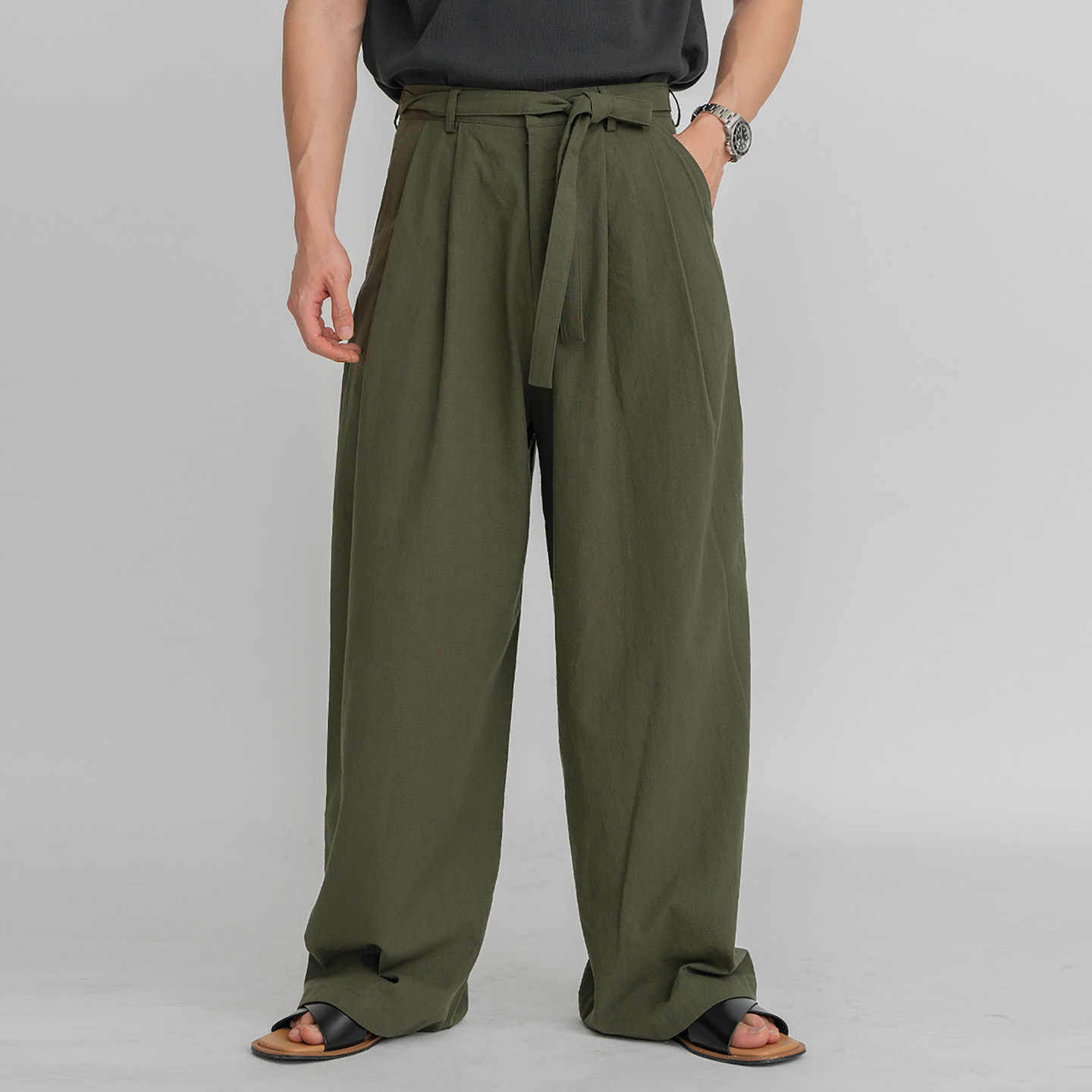 碧舍韩版潮流直筒百搭棉麻长裤薄款ins高级感时尚腰带款休闲裤男