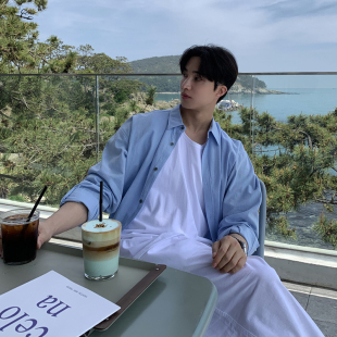 衬衫 长袖 外套 棉麻衬衣男简约小清新蓝色百搭潮流宽松夏季 碧舍新款