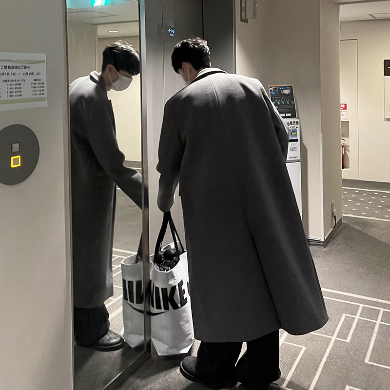 特惠灰色加厚毛呢大衣韩版潮流长款过膝氛围感外套男士高级感风衣