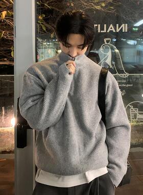 碧舍新款保暖痞帅拉链套头毛衣韩版高级感重磅慵懒风潮流针织衫男