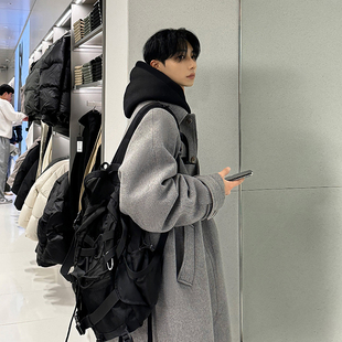 碧舍韩系潮流穿搭过膝中长款保暖加厚毛呢大衣灰色高级感宽松休闲