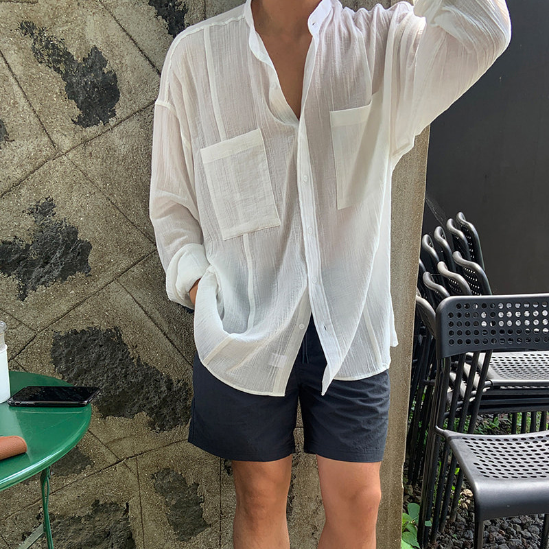 碧舍男装纯色长袖衬衫夏季薄款亚麻宽松高级感衬衣设计感轻薄外套