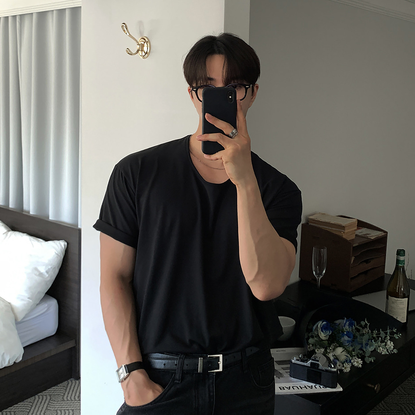 碧舍慵懒纯色短袖T恤男宽松高弹垂坠感棉质上衣百搭圆领打底衫t恤