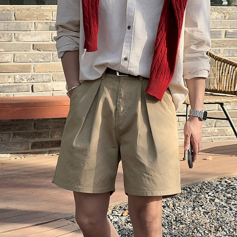 碧舍夏季新款卡其色休闲阔腿五分裤韩版潮流褶皱工装男生外穿短裤