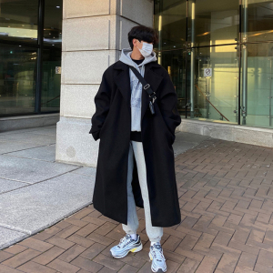 碧舍中长款毛呢外套冬季新款宽松韩版纯色英伦加厚风衣翻领外套男