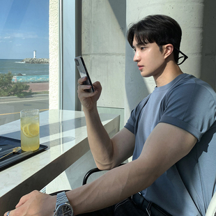 休闲宽松高街透气T恤圆领纯色夏季 碧舍2025新款 短袖 男士 百搭t 韩版