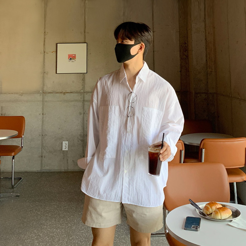 碧舍韩版潮流宽松防嗮男士衬衫夏季薄款透气青年白衬衣休闲dk寸衫