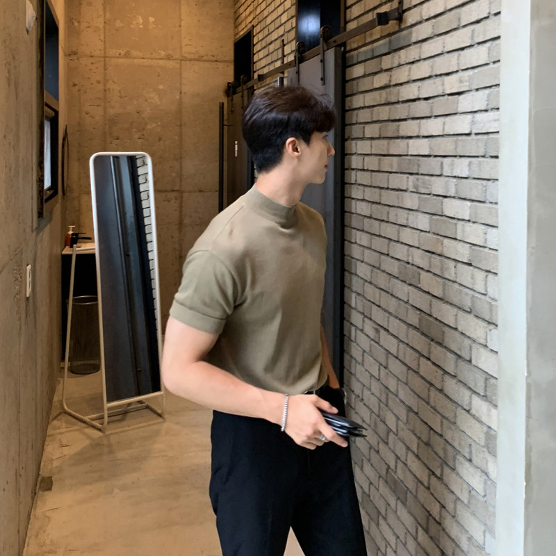 碧舍潮半高领套头针织T恤韩版简约高级感男士新款凉感透气半袖衫