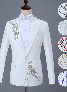 男士演出服白色贴钻礼服成人合唱年会主持人司仪歌手表演
