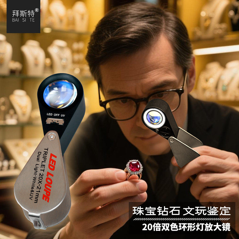 珠宝放大镜20倍带灯玉石翡翠鉴定工具紫外线光看钻石腰码珠宝首饰