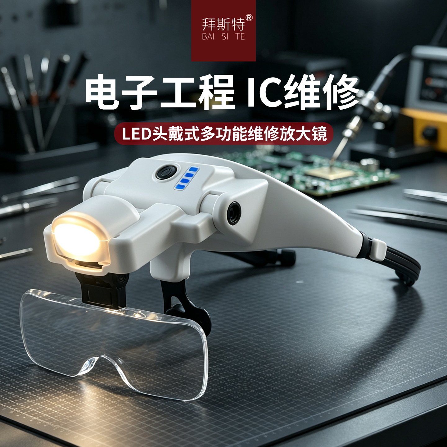 头戴式放大镜高清带灯充电子路板维修表专用老年人阅读看书眼镜型