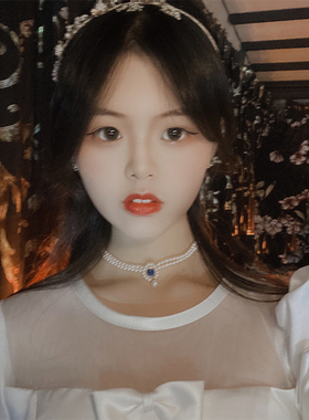 韩版双层蓝宝石水滴颈链手工珍珠