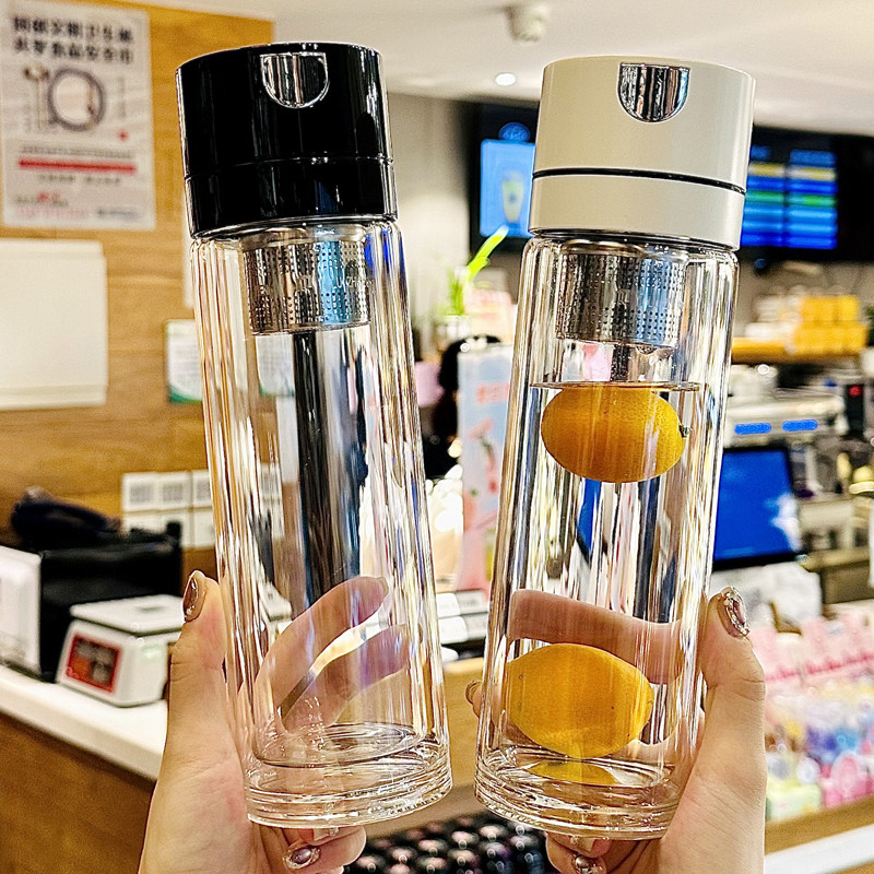 玻璃水杯泡茶杯茶水分离杯男士高硼硅玻璃杯大容量男款花茶杯带盖
