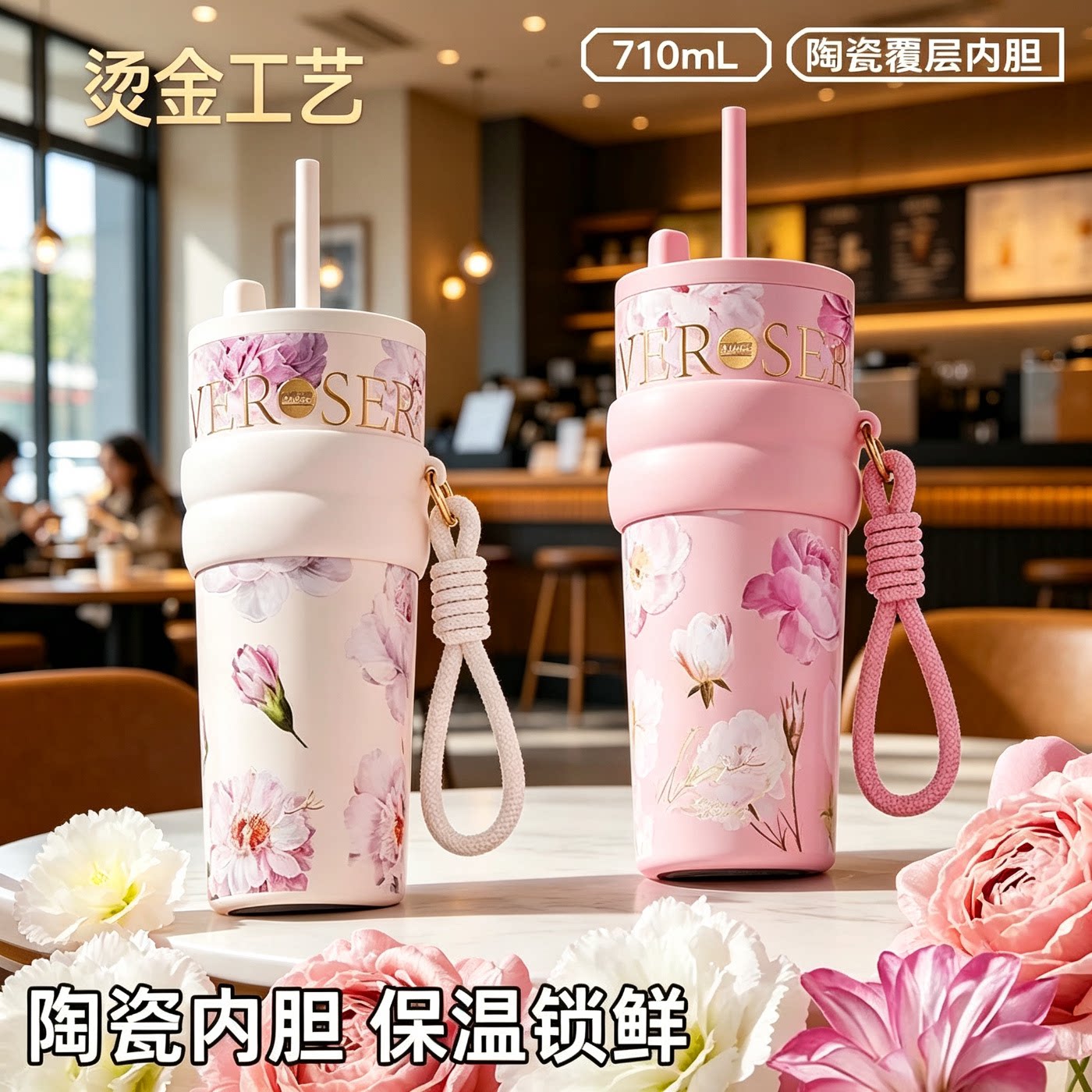 轻奢陶瓷内胆大容量保温杯车载带