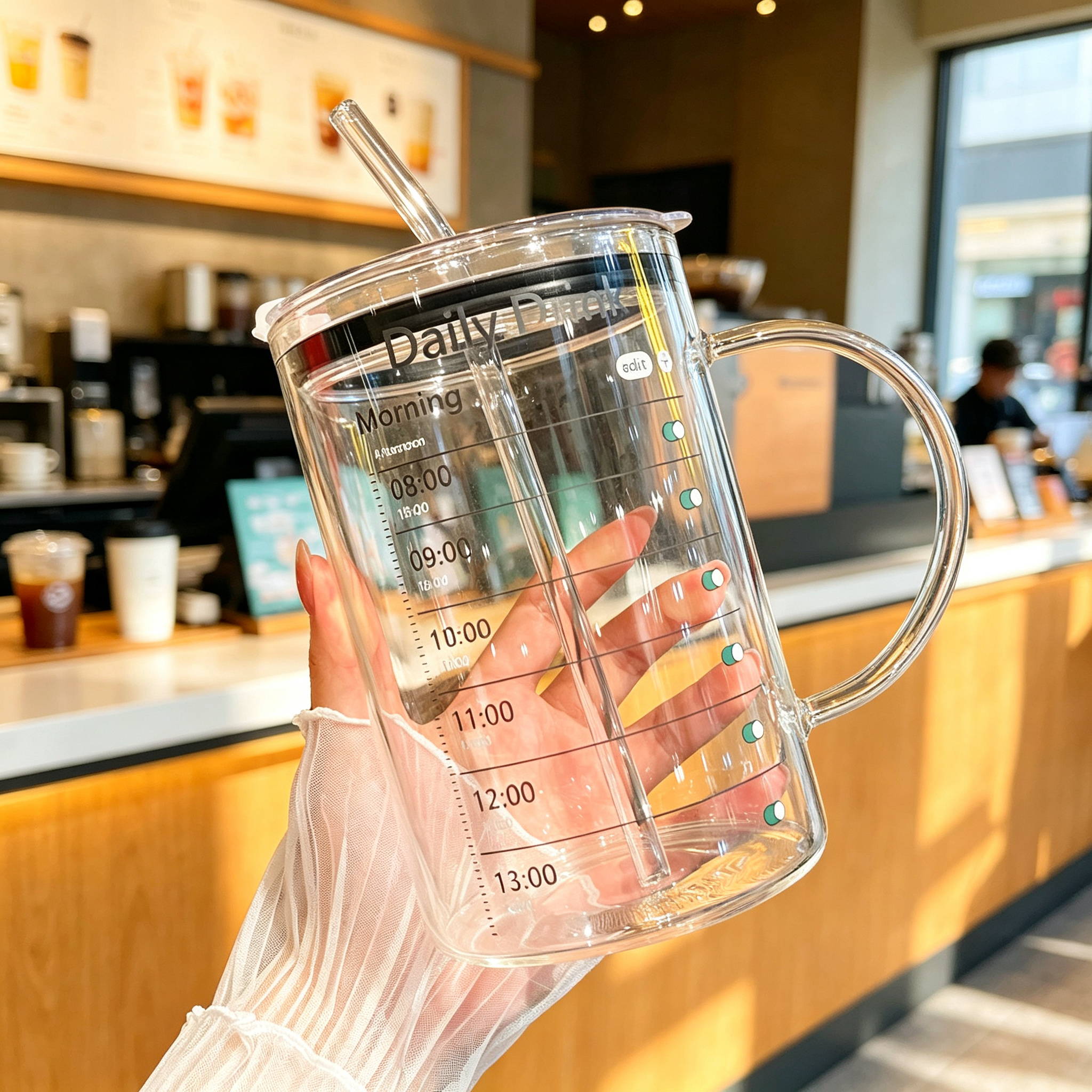 大容量办公室水杯带吸管杯子带盖带饼高颜值玻璃杯耐高温女生1L