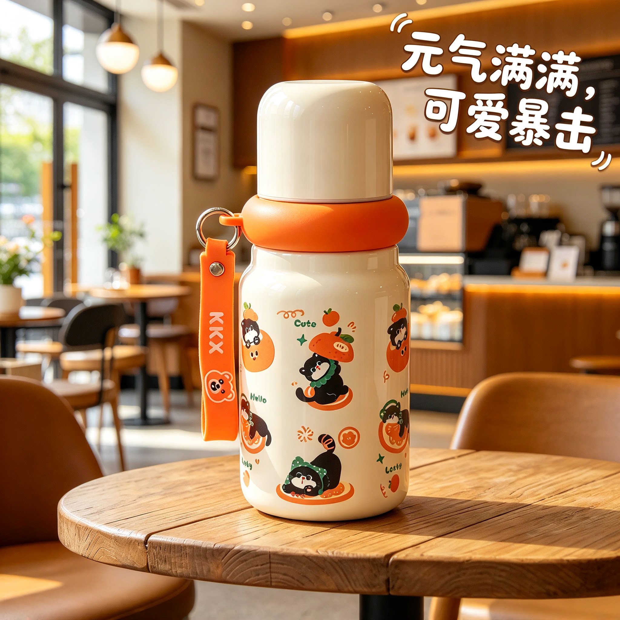 卡通可爱保温杯防摔提绳
