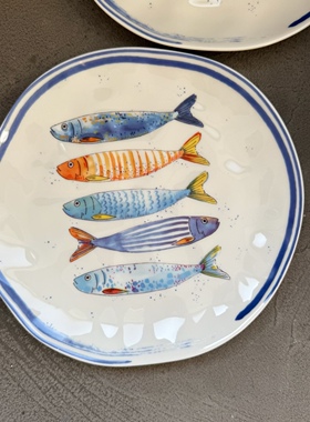 外贸原单高颜值釉下彩年年有鱼陶瓷盘平盘菜盘装饰盘子蓝色海洋