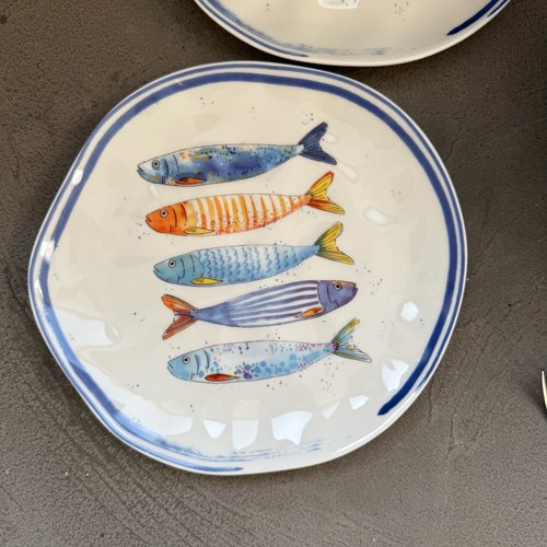 外贸原单高颜值釉下彩年年有鱼陶瓷盘平盘菜盘装饰盘子蓝色海洋