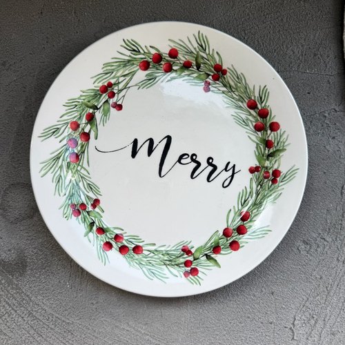圣诞松果字母原单高颜值釉下彩设计陶瓷盘平盘菜盘点心盘饺子盘