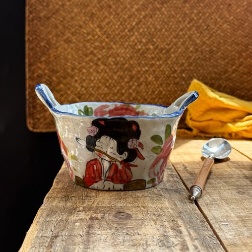 景德镇手绘釉下彩双耳陶瓷碗家用菜碗一人食小面碗古风美女系列
