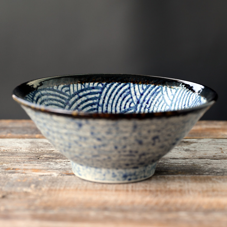 日本进口陶瓷餐具青海波斗笠面碗日式和风汤碗拉面碗釉下彩可微波