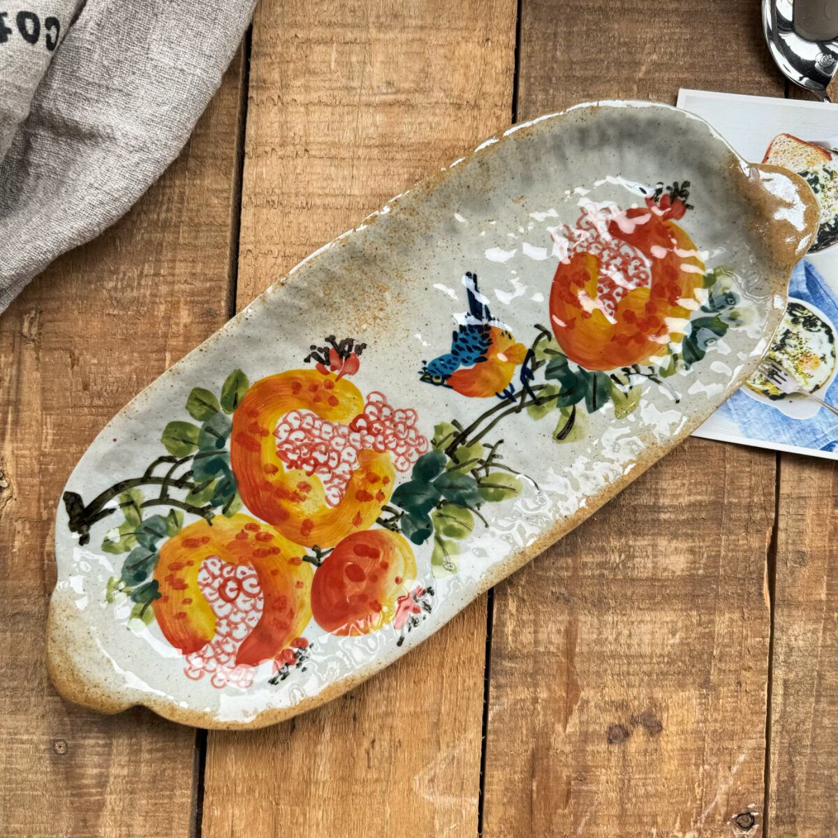 景德镇手作双耳鱼盘寿司盘中式陶瓷水果盘手工甜品盘手绘枇杷釉下