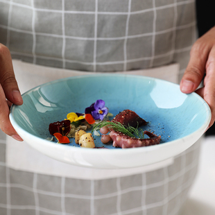 8.5英寸陶瓷圆盘蓝色餐盘家用菜盘装 汤汁深盘汤盘沙拉盘西餐餐具