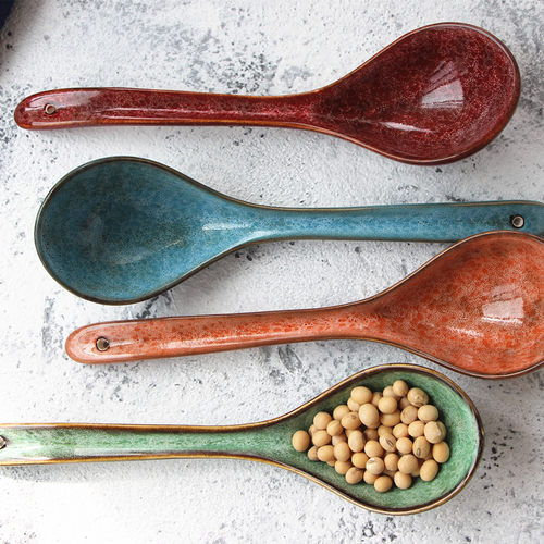 复古四色陶瓷窑变火锅勺釉下彩