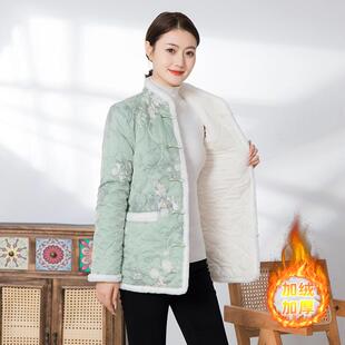 新中式加绒保暖棉衣民族风棉服国风大码女装200斤百搭小花袄外套