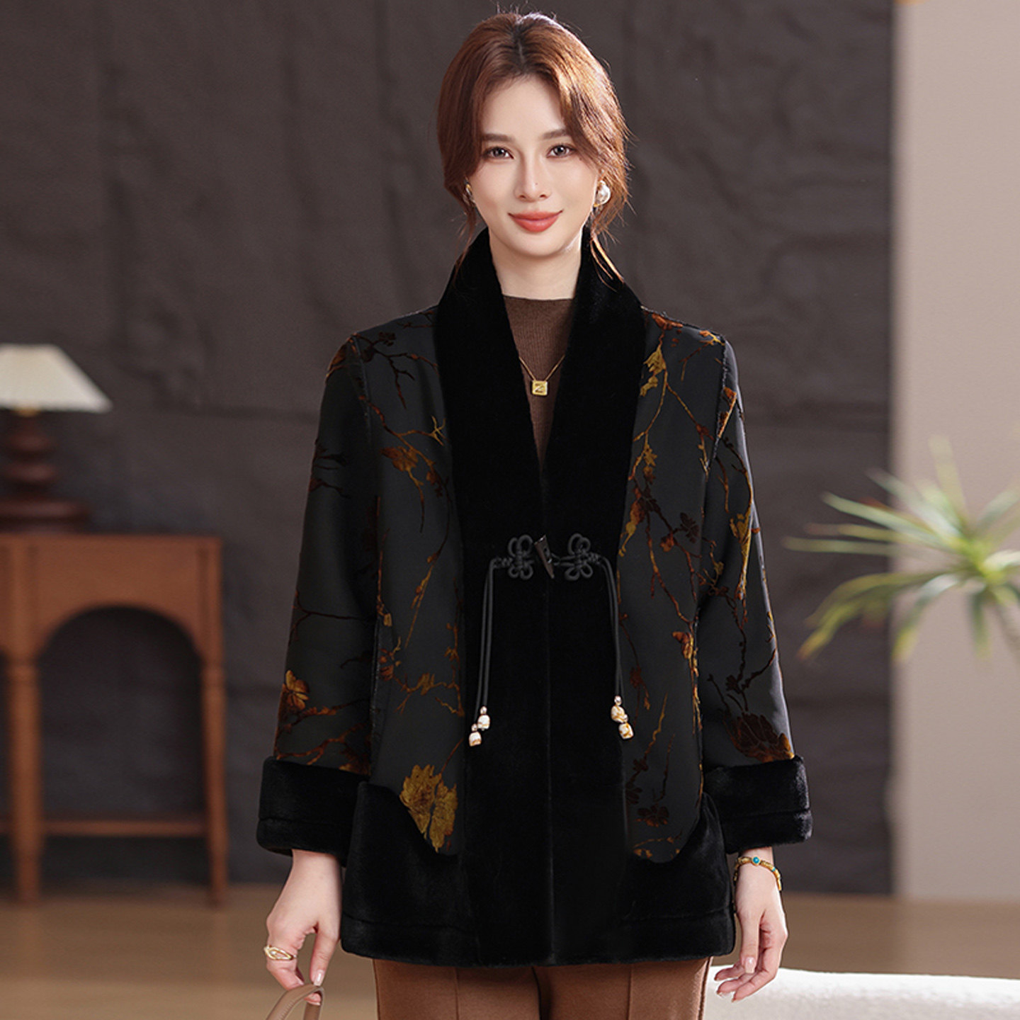 大码妈妈冬装皮毛一体外套女大衣