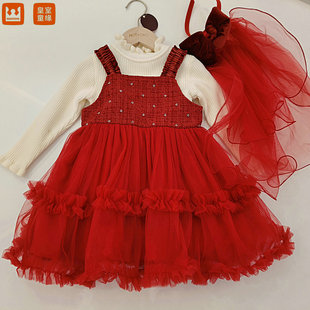 皇室童缘5810785013冬季新年丝绒头纱小童里外套装裙90-130码