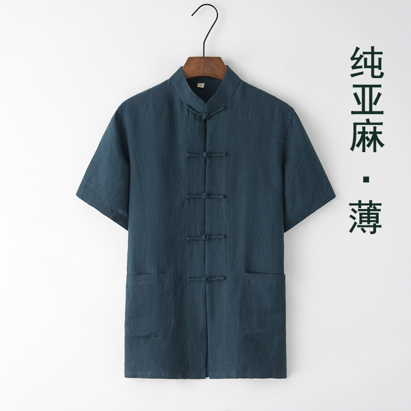 唐装纯亚麻衬衫中国短袖古风