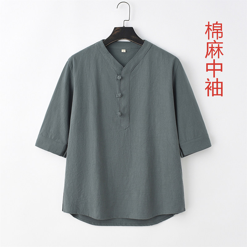 唐装男夏圆领短袖t恤复古中国风棉麻半袖五分袖中式休闲青年男装