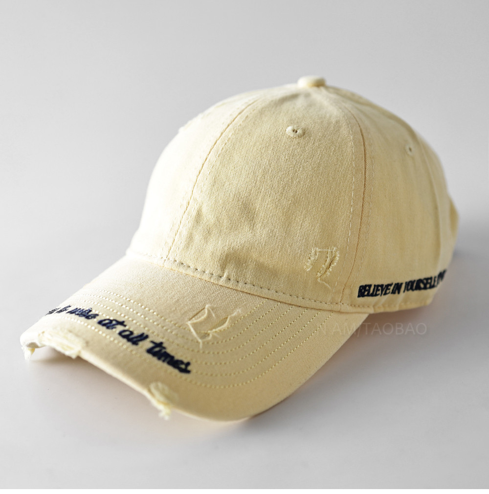 帽檐双侧字母刺绣软顶破洞棒球帽男女款小众个性百搭休闲鸭舌帽子
