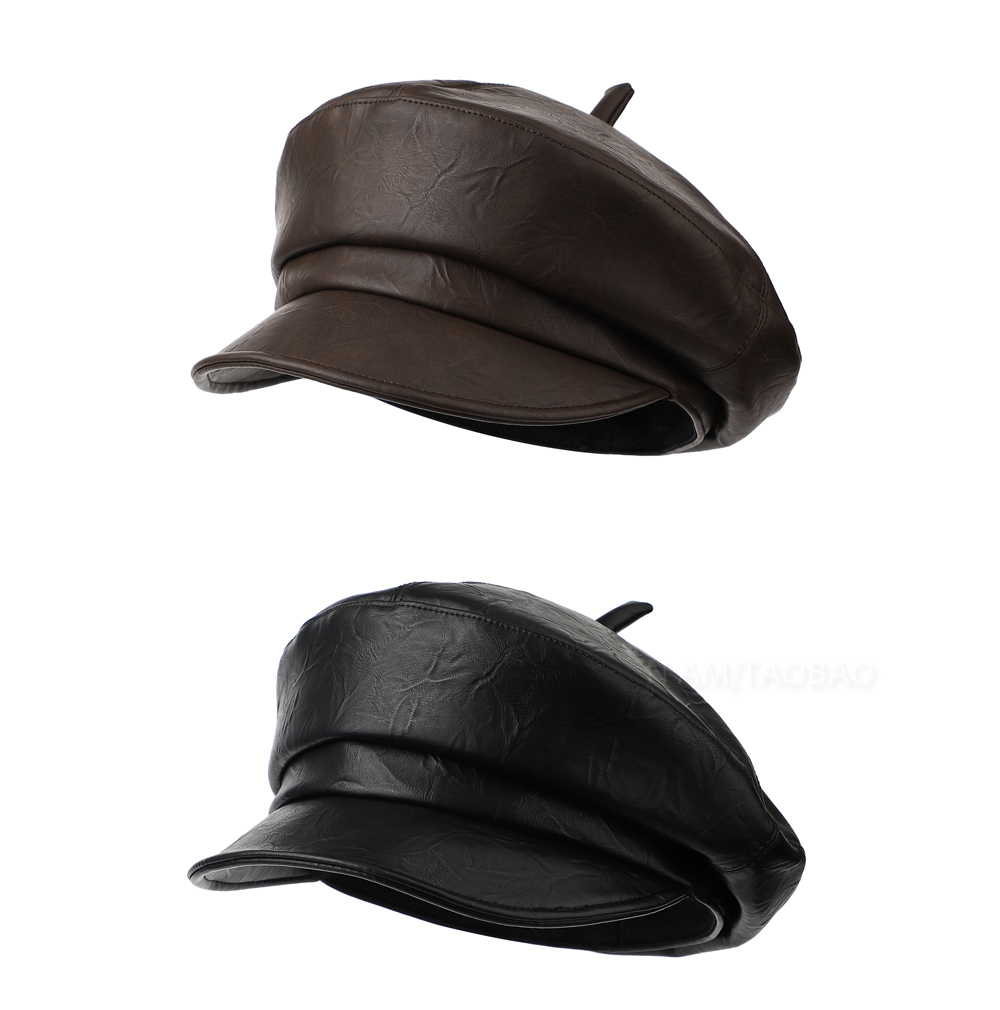秋冬款英伦复古皮质平顶弯檐贝雷帽女时尚简约百搭显脸小画家帽