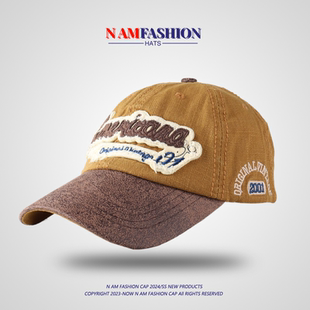 美式 复古显脸小鸭舌帽子男女牛仔做旧拼接宽大帽檐棒球帽男ins潮