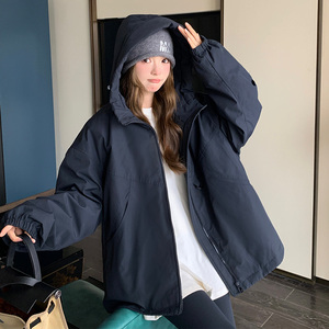 藏青色连帽工装羽绒服女2025冬季新款小个子加厚宽松时尚休闲外套图片