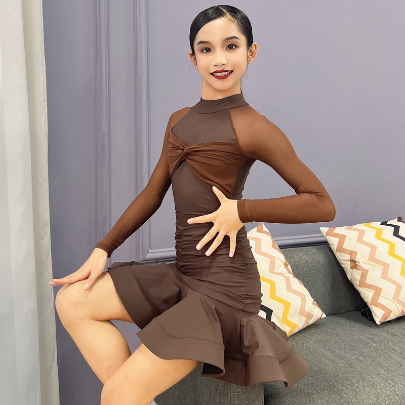 博翼少儿拉丁舞专业标准集训练功表演出服长袖女童网纱套装裙秋冬