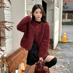 红色短款小香风羊羔毛外套女2024冬季新款法式气质小个子加厚棉服图片