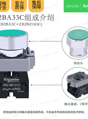 施耐德按钮开关XB2BA33C=ZB2BZ103C+ZB2BD3C绿色平头2NO常开触点