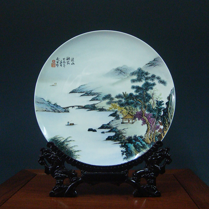 景德镇陶瓷名家秋生手绘瓷盘山水画客厅装饰看盘挂盘艺术台面摆件