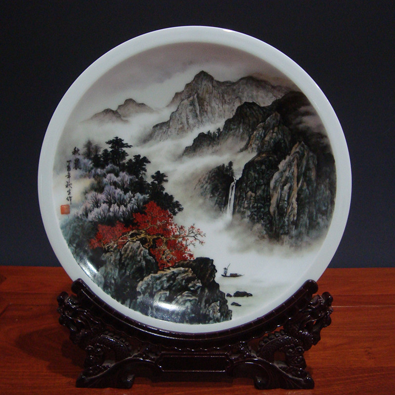 景德镇陶瓷盘子名家秋生手绘山水春夏秋冬瓷盘坐盘装饰画看盘摆件