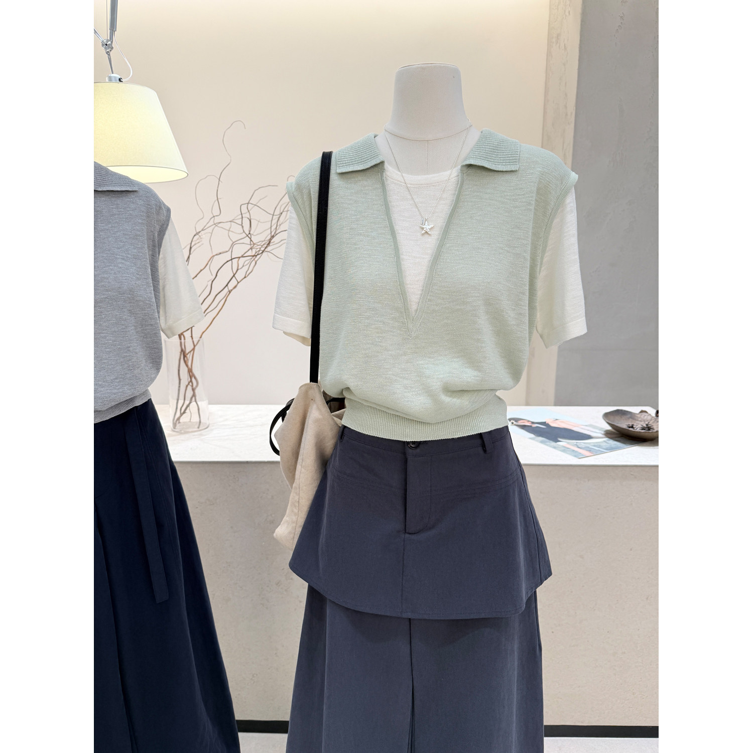 小哲 V领针织马甲女假两件拼接翻领短袖上衣夏季设计感叠穿背心