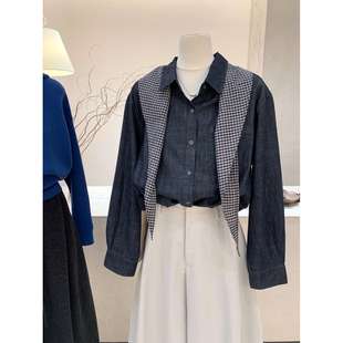 小哲 韩系复古格子衬衫女春季新款藏青色长袖宽松披肩假两件上衣